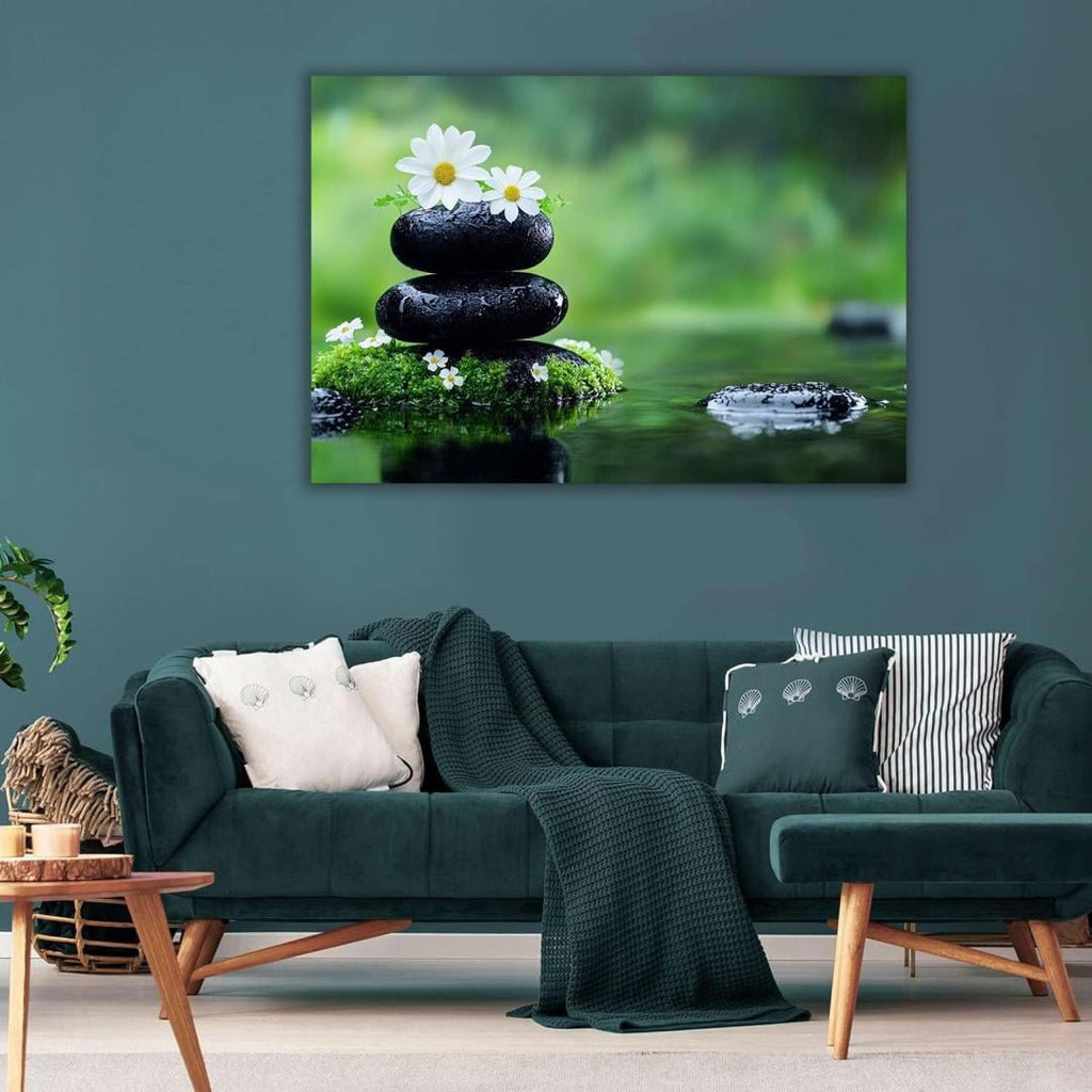 Mudket Framed Canvas Wall Art, White Orchid Candles Zen Stones Wall Decor, Elegant Calming Spa Floral Waterproof Art Prints for Bathroom Bedroom Living Room Home Decor - 12"L x 8"W