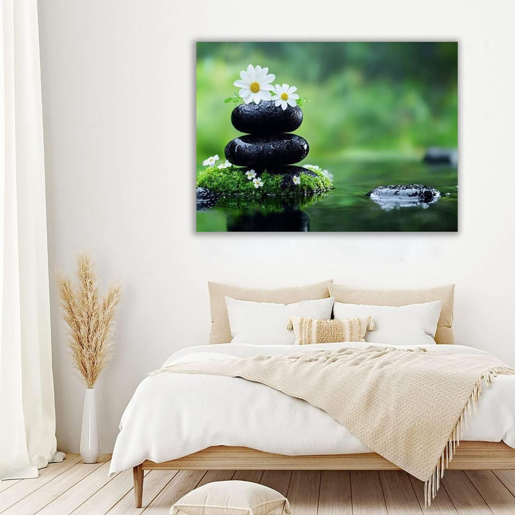 Mudket Framed Canvas Wall Art, White Orchid Candles Zen Stones Wall Decor, Elegant Calming Spa Floral Waterproof Art Prints for Bathroom Bedroom Living Room Home Decor - 12"L x 8"W
