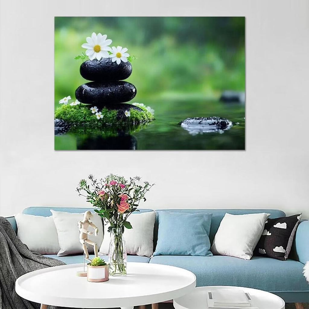 Mudket Framed Canvas Wall Art, White Orchid Candles Zen Stones Wall Decor, Elegant Calming Spa Floral Waterproof Art Prints for Bathroom Bedroom Living Room Home Decor - 12"L x 8"W