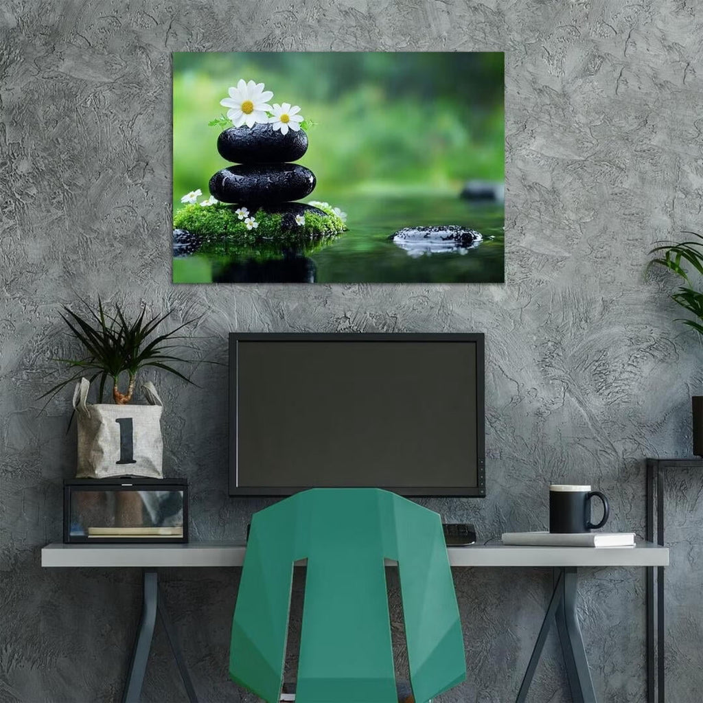 Mudket Framed Canvas Wall Art, White Orchid Candles Zen Stones Wall Decor, Elegant Calming Spa Floral Waterproof Art Prints for Bathroom Bedroom Living Room Home Decor - 12"L x 8"W