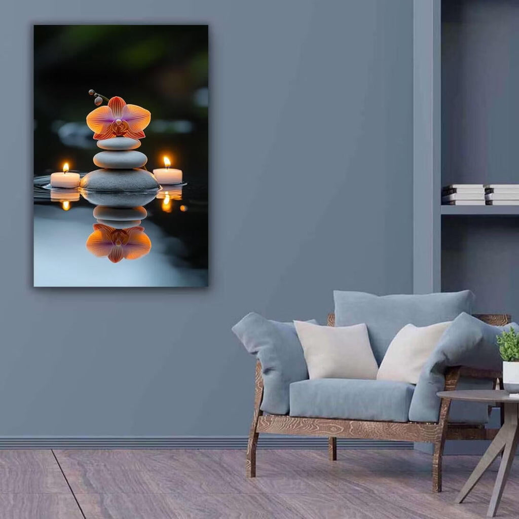 Mudket Framed Canvas Wall Art, White Orchid Candles Zen Stones Wall Decor, Elegant Calming Spa Floral Waterproof Art Prints for Bathroom Bedroom Living Room Home Decor - 12"L x 8"W