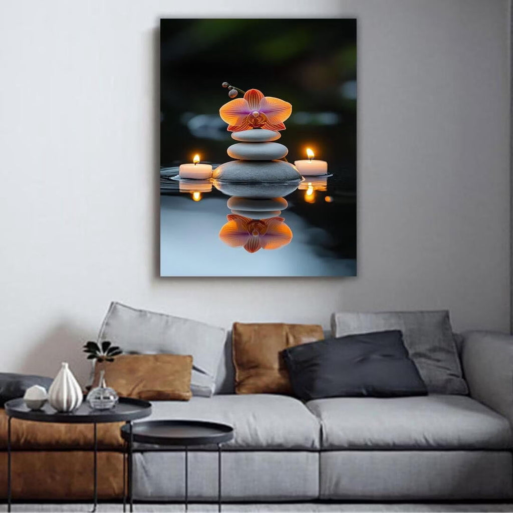Mudket Framed Canvas Wall Art, White Orchid Candles Zen Stones Wall Decor, Elegant Calming Spa Floral Waterproof Art Prints for Bathroom Bedroom Living Room Home Decor - 12"L x 8"W