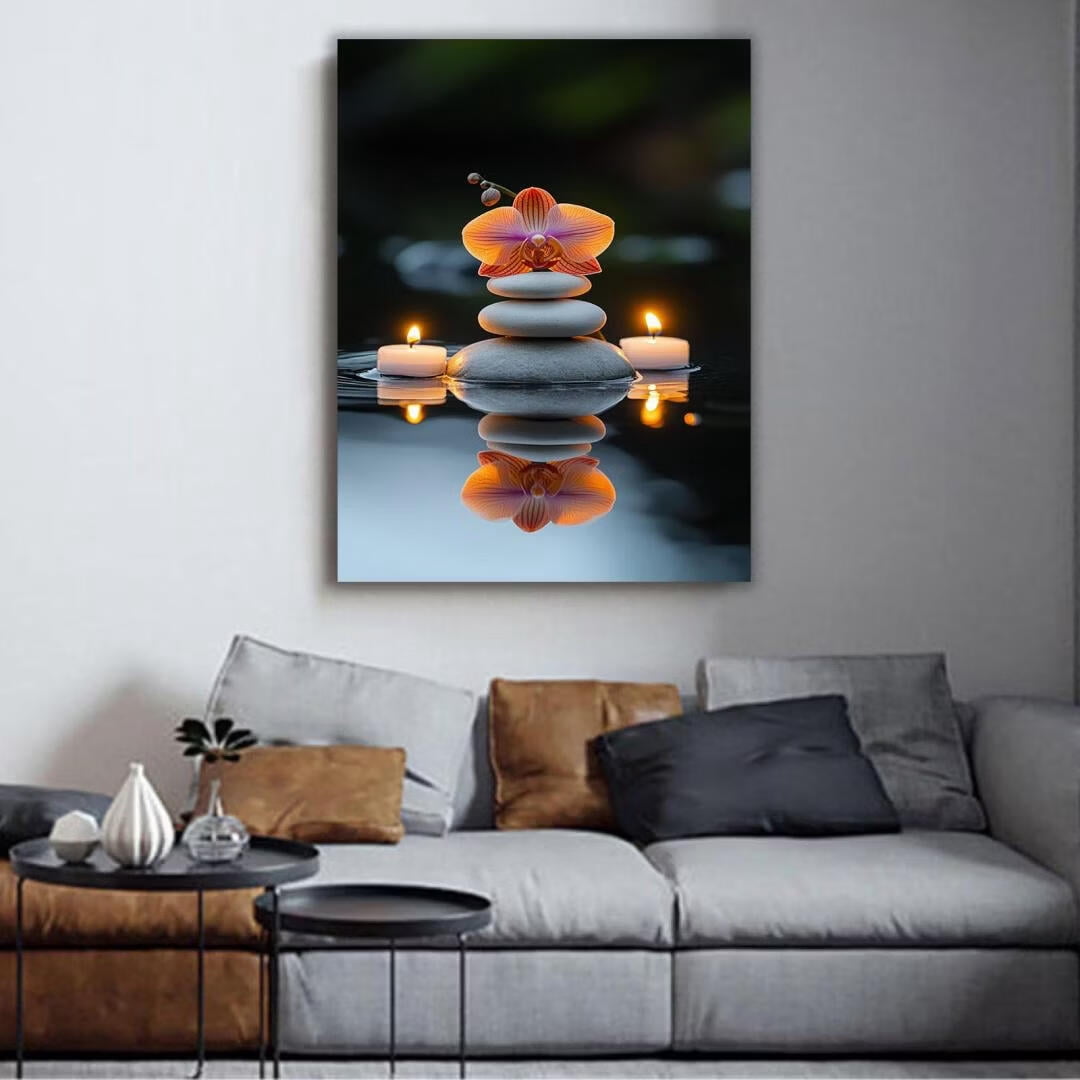 Mudket Framed Canvas Wall Art, White Orchid Candles Zen Stones Wall Decor, Elegant Calming Spa Floral Waterproof Art Prints for Bathroom Bedroom Living Room Home Decor - 12"L x 8"W