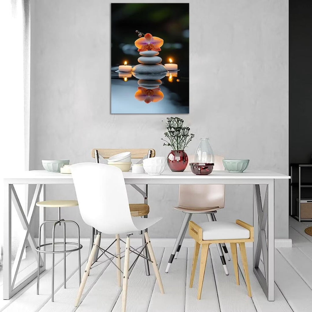 Mudket Framed Canvas Wall Art, White Orchid Candles Zen Stones Wall Decor, Elegant Calming Spa Floral Waterproof Art Prints for Bathroom Bedroom Living Room Home Decor - 12"L x 8"W