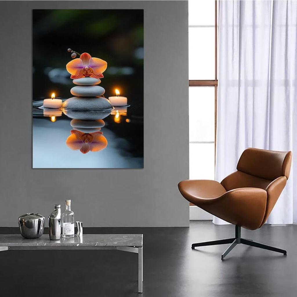 Mudket Framed Canvas Wall Art, White Orchid Candles Zen Stones Wall Decor, Elegant Calming Spa Floral Waterproof Art Prints for Bathroom Bedroom Living Room Home Decor - 12"L x 8"W