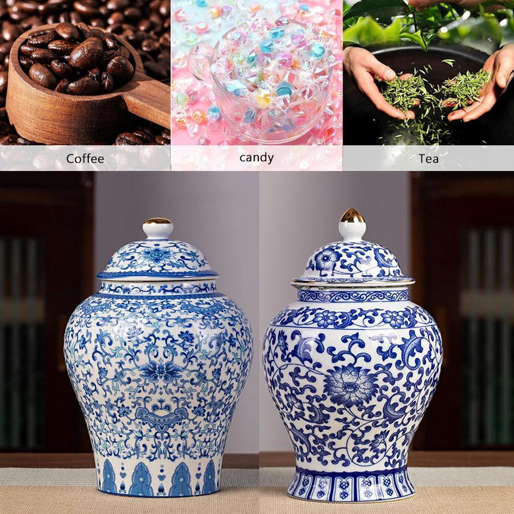Chinese Ginger Jar Blue And White Vase,ceramic Jars With Lids, Chinese Porcelain Tea Canister for Tea Coffee Sugar With Fine Glaze Finish for Weddings, Party, Home Office Decor Elegant R8E9