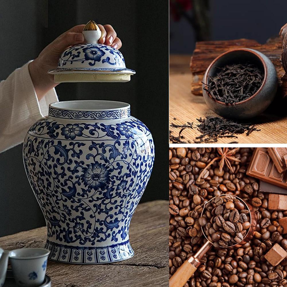 Chinese Ginger Jar Blue And White Vase,ceramic Jars With Lids, Chinese Porcelain Tea Canister for Tea Coffee Sugar With Fine Glaze Finish for Weddings, Party, Home Office Decor Elegant R8E9