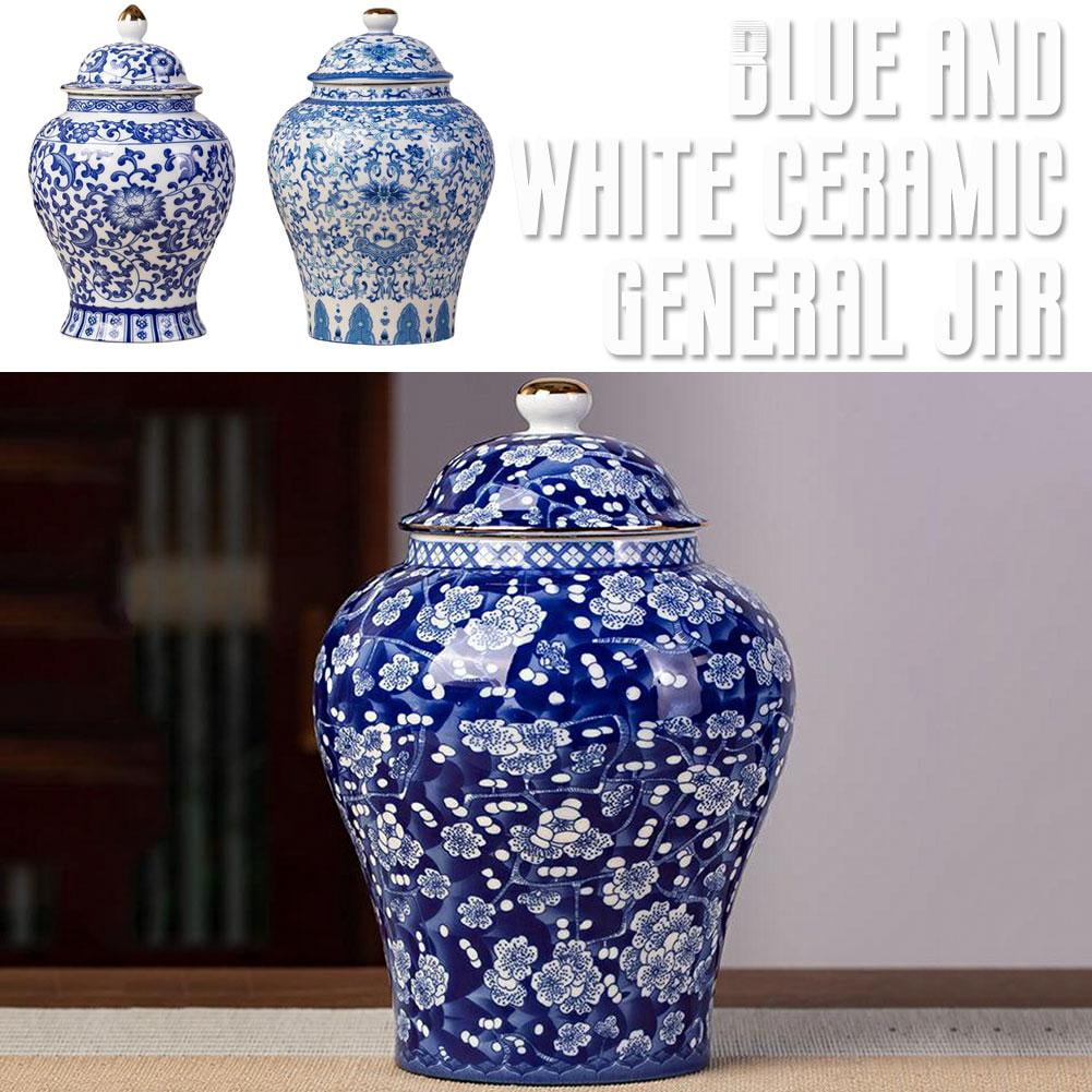 Chinese Ginger Jar Blue And White Vase,ceramic Jars With Lids, Chinese Porcelain Tea Canister for Tea Coffee Sugar With Fine Glaze Finish for Weddings, Party, Home Office Decor Elegant R8E9