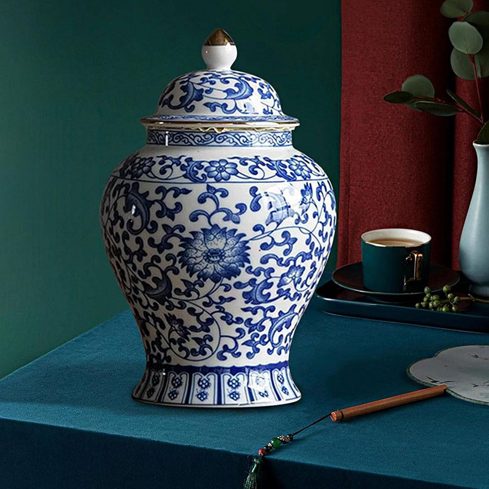 Chinese Ginger Jar Blue And White Vase,ceramic Jars With Lids, Chinese Porcelain Tea Canister for Tea Coffee Sugar With Fine Glaze Finish for Weddings, Party, Home Office Decor Elegant R8E9
