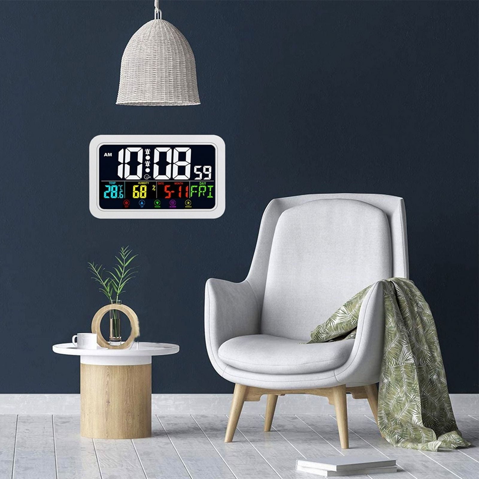 Digital Wall Clock, Clock Battery Operated,8 Inch Desk with Temperature Humidity Day Date White