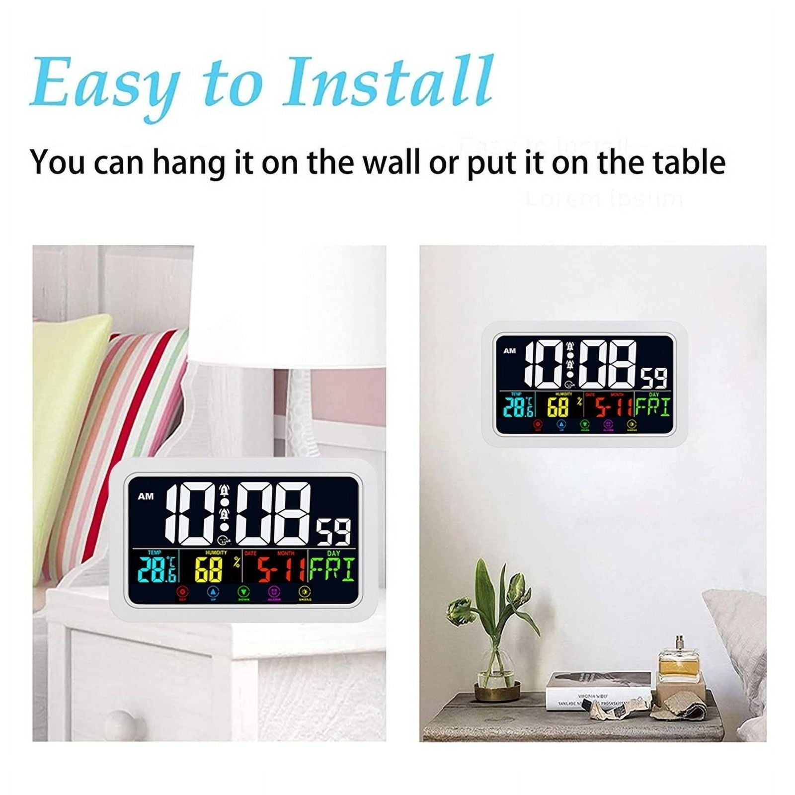 Digital Wall Clock, Clock Battery Operated,8 Inch Desk with Temperature Humidity Day Date White