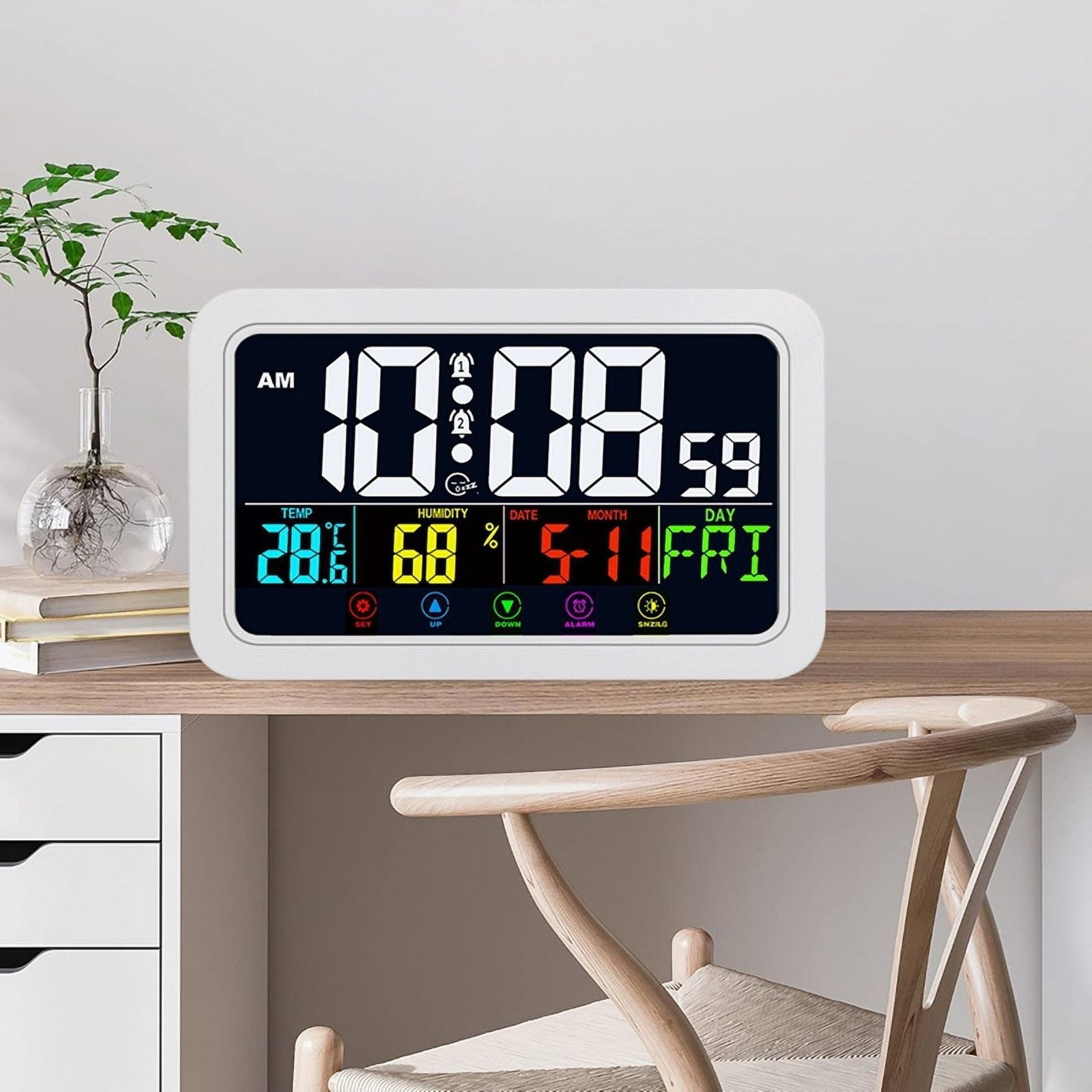 Digital Wall Clock, Clock Battery Operated,8 Inch Desk with Temperature Humidity Day Date White