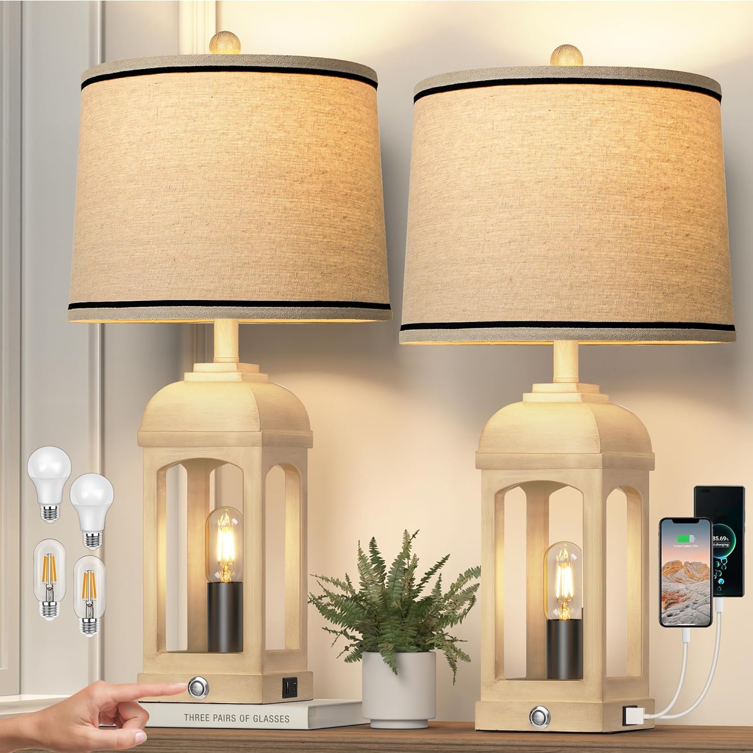 26 in. H Beige Table Lamp Set of 2 w/3-Way Dimmable Touch Control and Linen Shade Bedside Lamps w/USB A+C and Nightlight