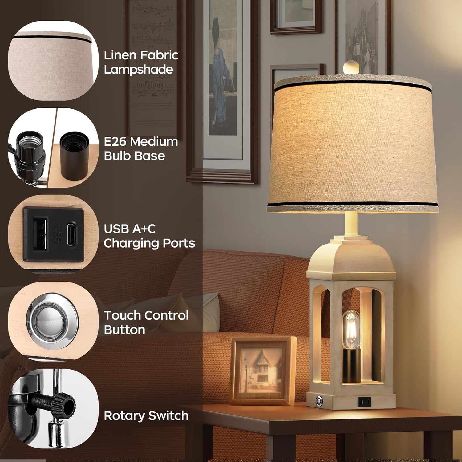 26 in. H Beige Table Lamp Set of 2 w/3-Way Dimmable Touch Control and Linen Shade Bedside Lamps w/USB A+C and Nightlight