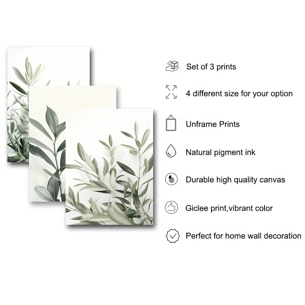 Set of 3 Unframed Boho Green Botanical Leaf Wall Art Poster Canvas Print Minimalist Olive Tree Painting for Apartment,Living Room,Bedroom,Modern Home Decoration