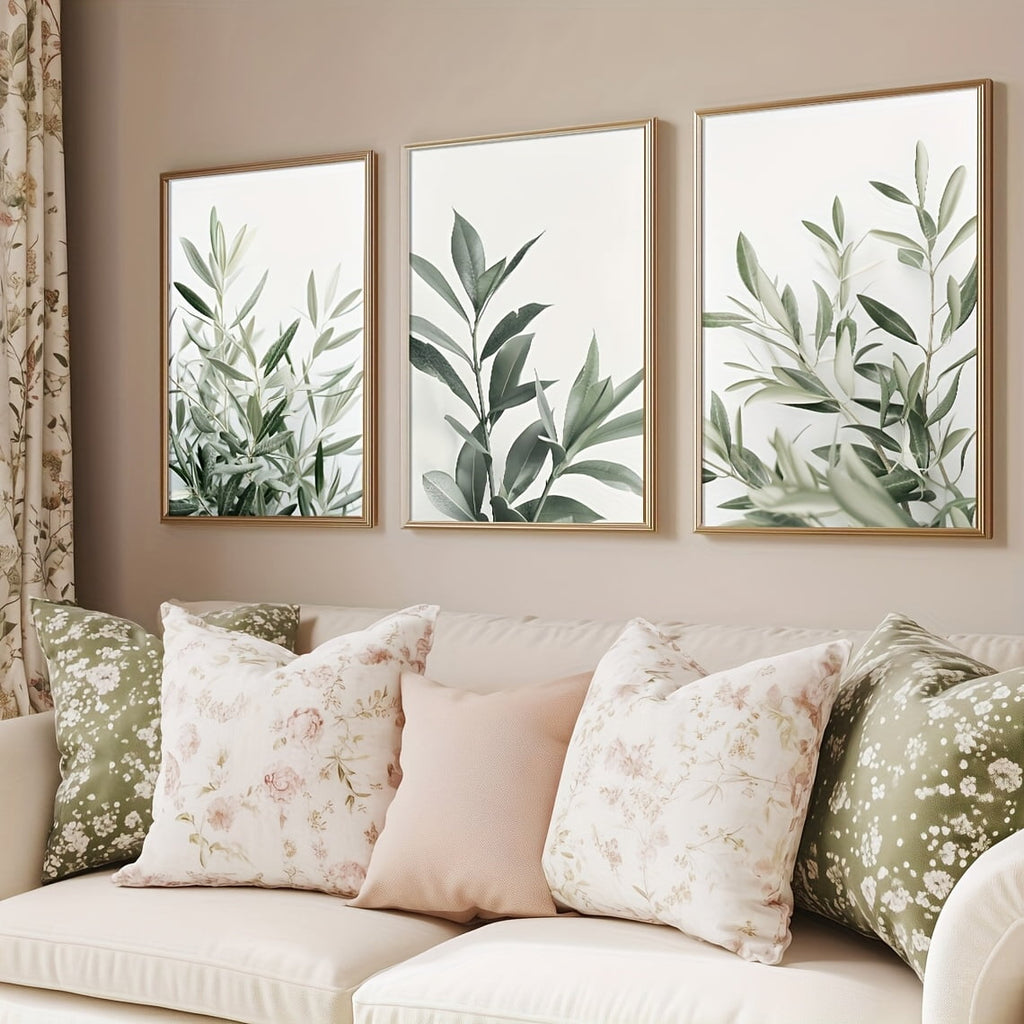 Set of 3 Unframed Boho Green Botanical Leaf Wall Art Poster Canvas Print Minimalist Olive Tree Painting for Apartment,Living Room,Bedroom,Modern Home Decoration