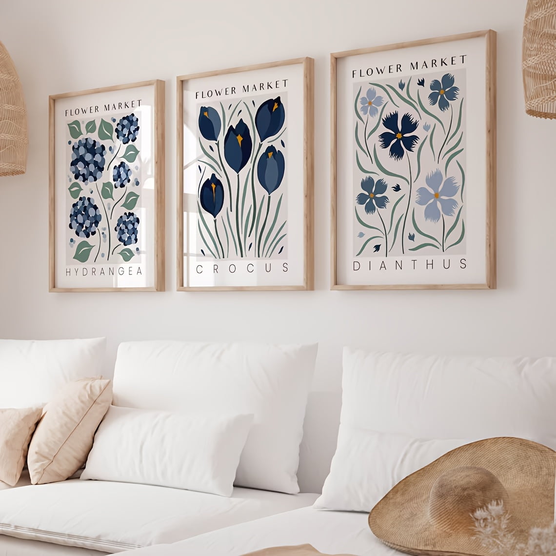 3pcs Navy Blue Floral Market Canvas Prints - Vintage Flower Gallery Wall Art, Unframed Botanical Posters for Living Room &amp; Bedroom Decor, Modern Home Decoration, Flower Decor