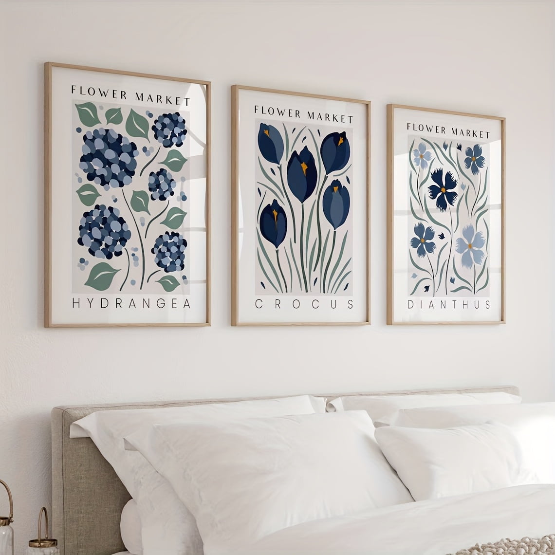 3pcs Navy Blue Floral Market Canvas Prints - Vintage Flower Gallery Wall Art, Unframed Botanical Posters for Living Room &amp; Bedroom Decor, Modern Home Decoration, Flower Decor