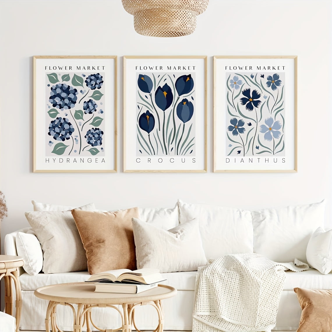 3pcs Navy Blue Floral Market Canvas Prints - Vintage Flower Gallery Wall Art, Unframed Botanical Posters for Living Room &amp; Bedroom Decor, Modern Home Decoration, Flower Decor
