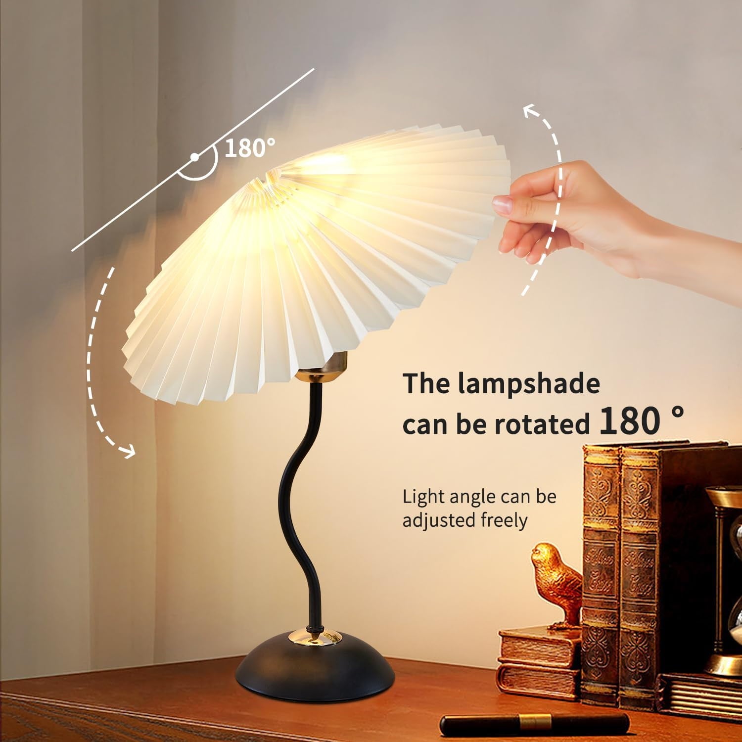 Arts Bedside Table Lamp for Bedroom, Cute Small Pleated Lamps for Nightstand, Vintage Lamp with Umbrella Shade, Decor Desk Reading Lamps for Living Room Kids Room Dorm Office with E26 LED Bulb
