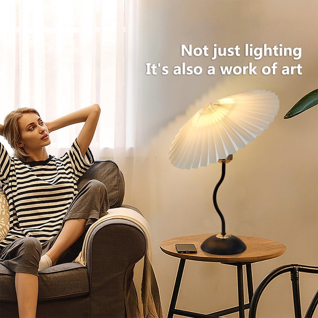Arts Bedside Table Lamp for Bedroom, Cute Small Pleated Lamps for Nightstand, Vintage Lamp with Umbrella Shade, Decor Desk Reading Lamps for Living Room Kids Room Dorm Office with E26 LED Bulb
