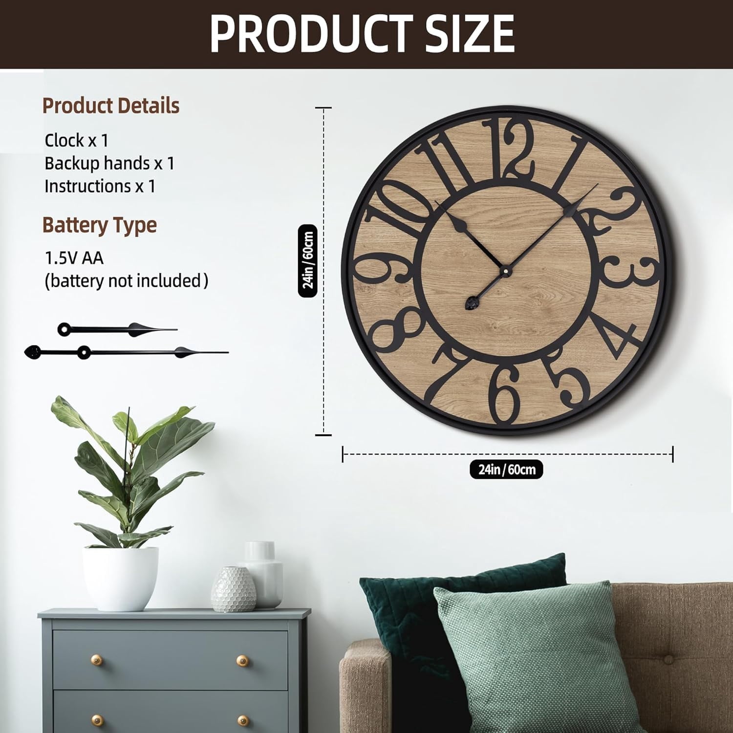Ahot Wall Clock for Living Room,Silent Rustic Farmhouse with Arabic Numeral, Battery Operated Wall Clocks Decorative for Bedroom Office Home Decor 16inch Black