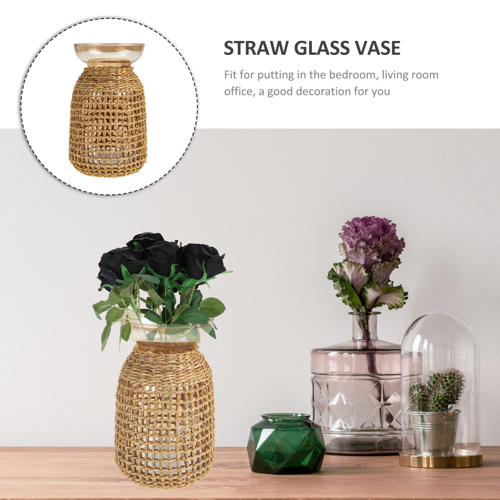 unbranded  Vintage Glass Vase Rattan Flower Rustic Bottle Decoration Khaki