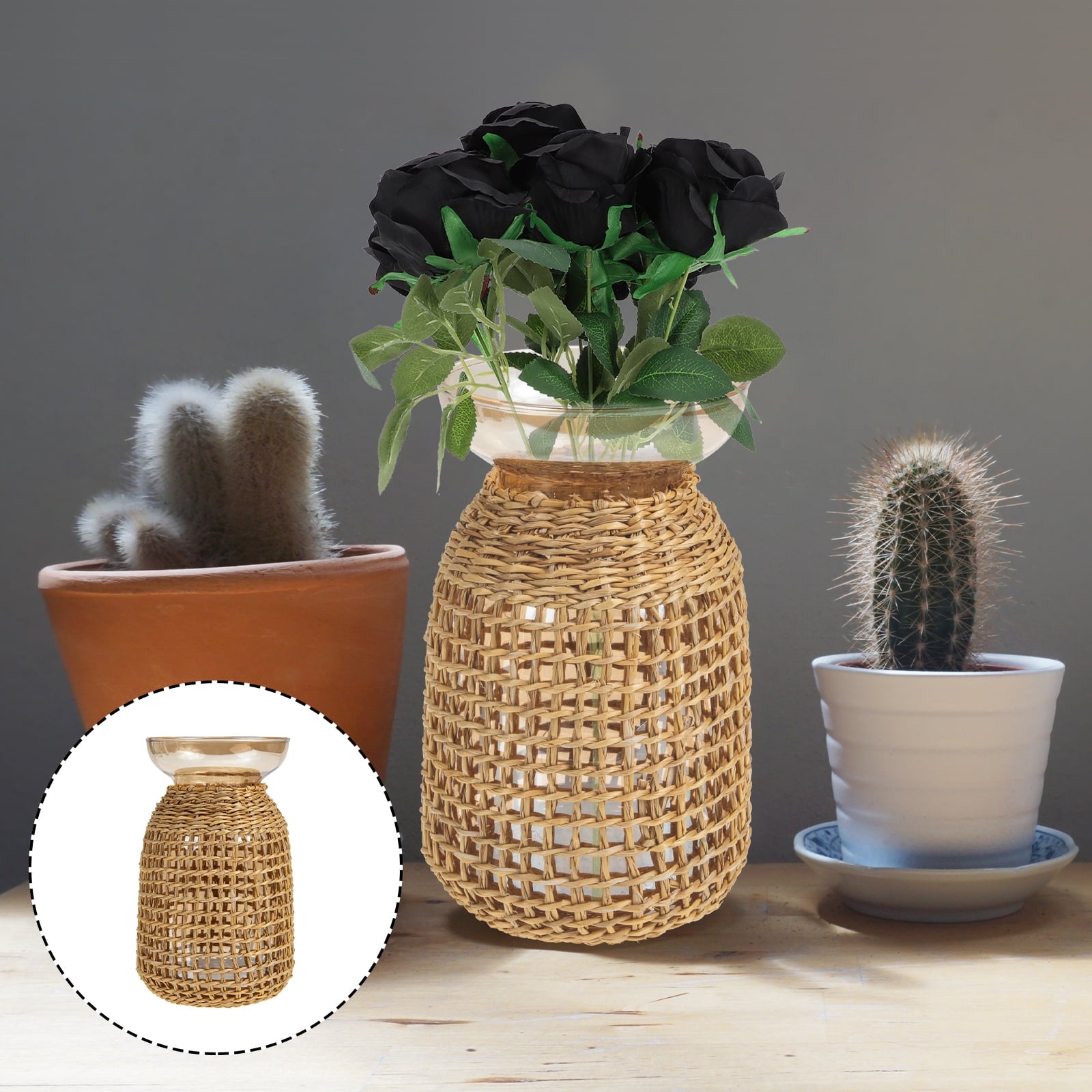 unbranded  Vintage Glass Vase Rattan Flower Rustic Bottle Decoration Khaki