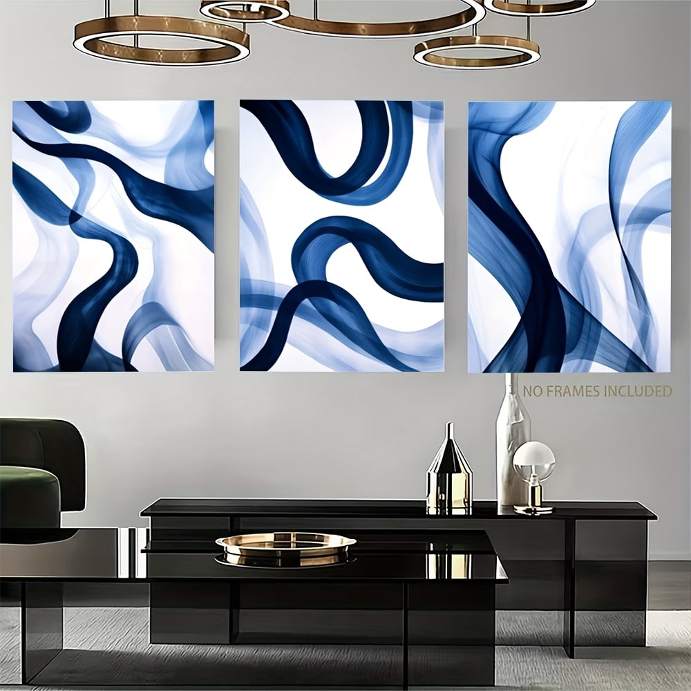 3pcs Navy Blue Silk Style Abstract Wall Art | Gradient Art, Minimalist Poster, Large Gradient Oil Painting, 2D Flat Frameless Canvas, Ideal for Home Office, Living Room, Bedroom, Restaurants, Christ