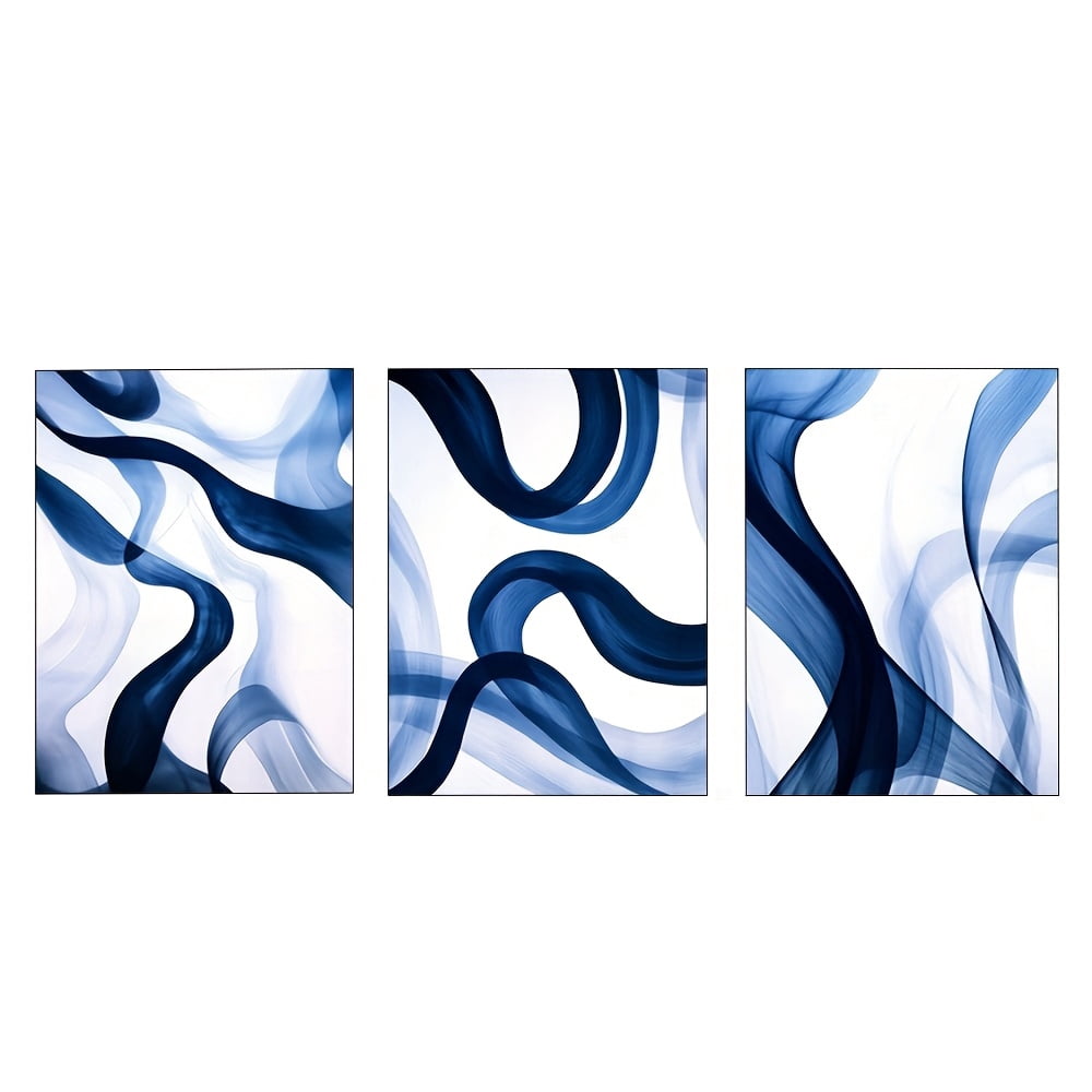 3pcs Navy Blue Silk Style Abstract Wall Art | Gradient Art, Minimalist Poster, Large Gradient Oil Painting, 2D Flat Frameless Canvas, Ideal for Home Office, Living Room, Bedroom, Restaurants, Christ