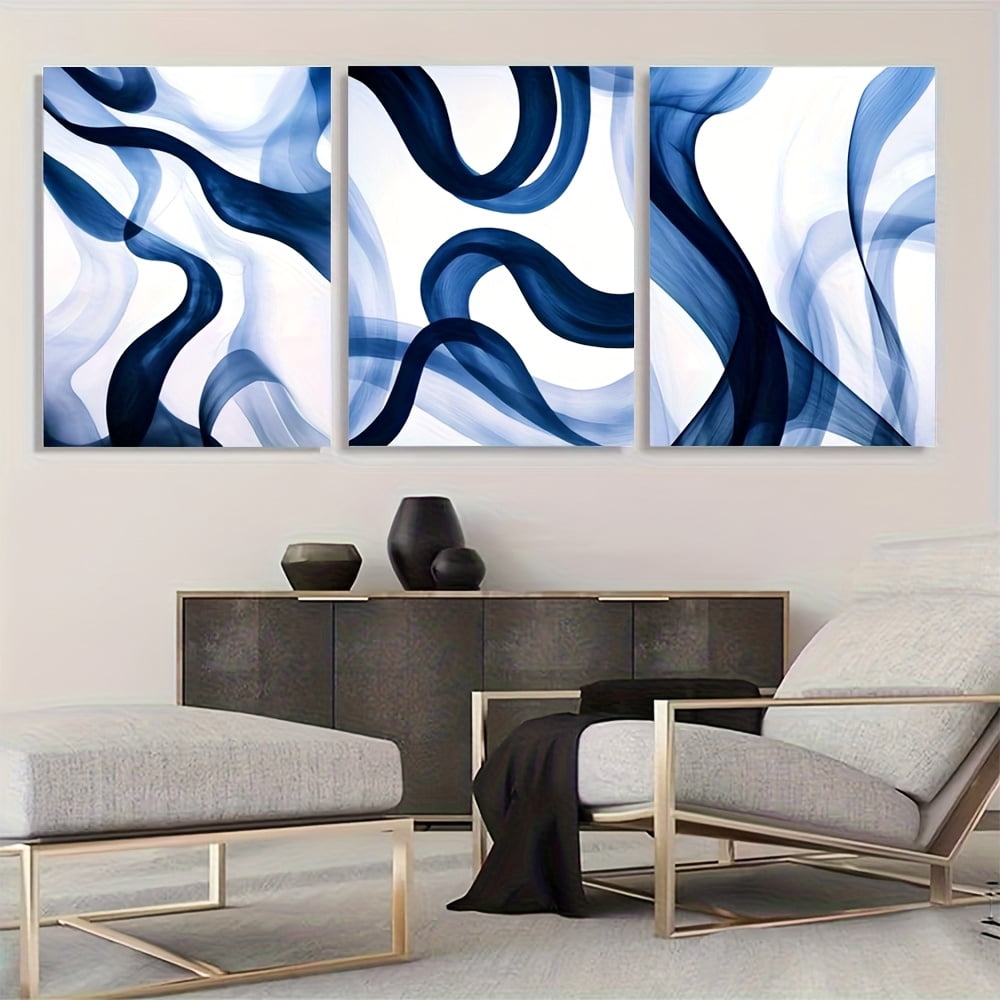3pcs Navy Blue Silk Style Abstract Wall Art | Gradient Art, Minimalist Poster, Large Gradient Oil Painting, 2D Flat Frameless Canvas, Ideal for Home Office, Living Room, Bedroom, Restaurants, Christ