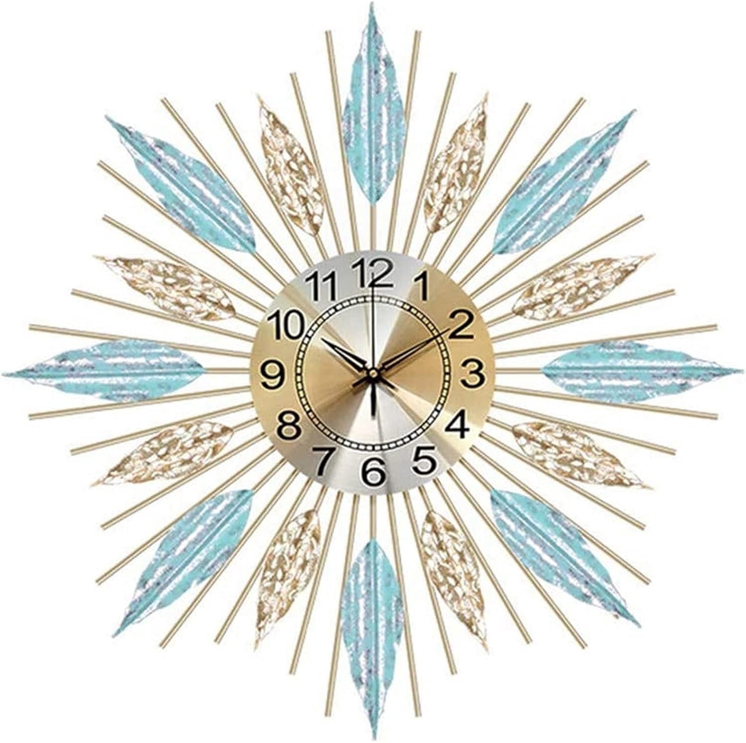 Mid-Century Sunburst Wall Clock, Silent Quartz Movement, Metal Leaf Decorative Clock for Living Room, Bedroom &amp; Dining Room