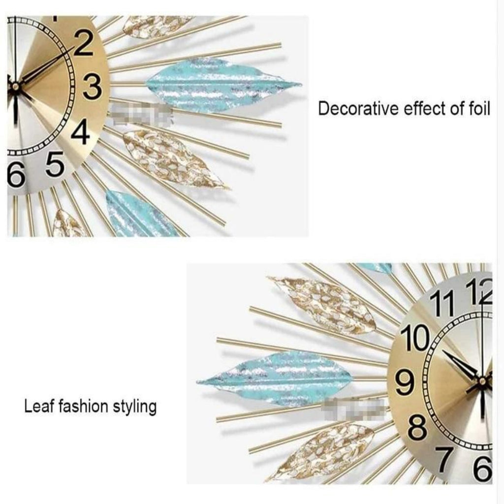 Mid-Century Sunburst Wall Clock, Silent Quartz Movement, Metal Leaf Decorative Clock for Living Room, Bedroom &amp; Dining Room