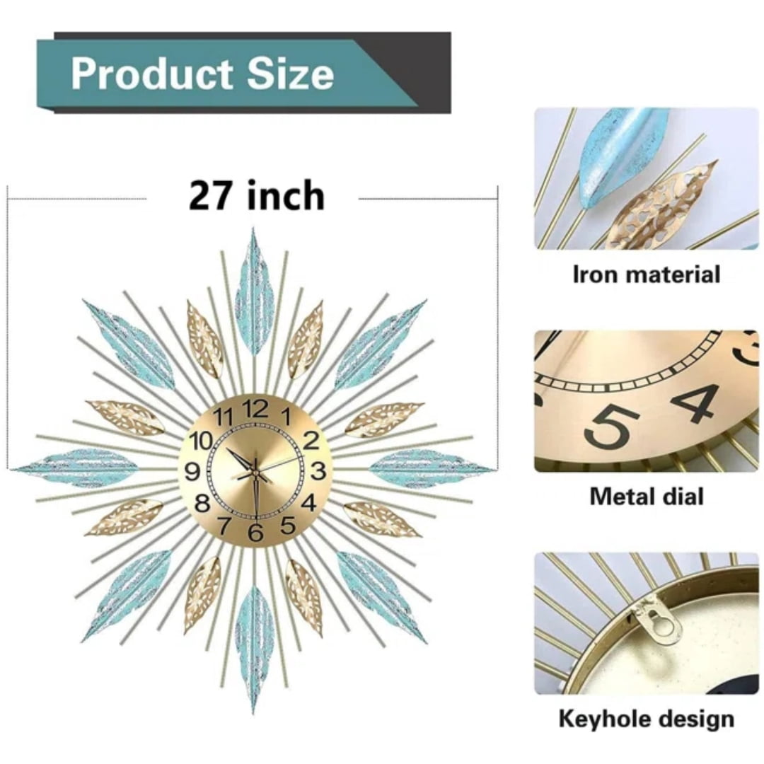 Mid-Century Sunburst Wall Clock, Silent Quartz Movement, Metal Leaf Decorative Clock for Living Room, Bedroom &amp; Dining Room