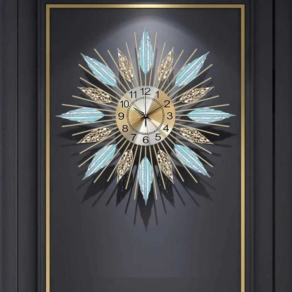 Mid-Century Sunburst Wall Clock, Silent Quartz Movement, Metal Leaf Decorative Clock for Living Room, Bedroom &amp; Dining Room