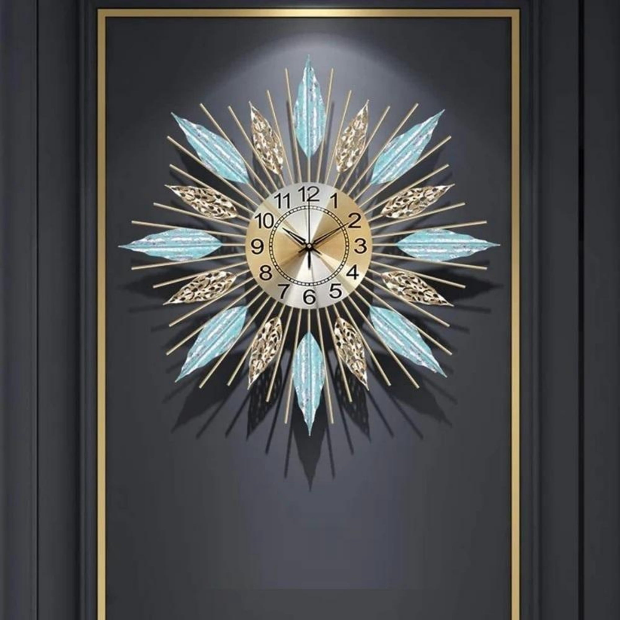 Mid-Century Sunburst Wall Clock, Silent Quartz Movement, Metal Leaf Decorative Clock for Living Room, Bedroom &amp; Dining Room