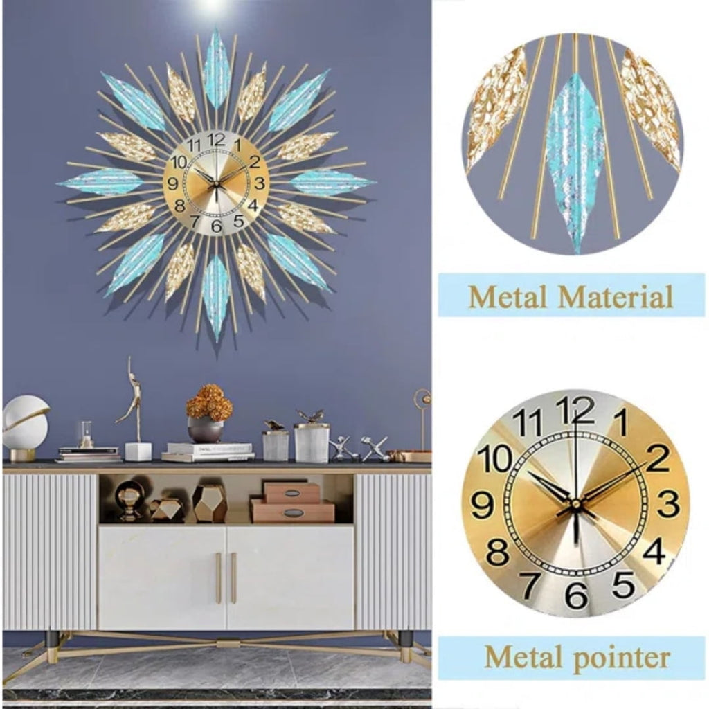 Mid-Century Sunburst Wall Clock, Silent Quartz Movement, Metal Leaf Decorative Clock for Living Room, Bedroom &amp; Dining Room