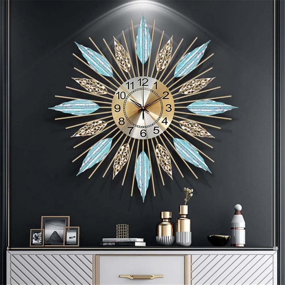 Mid-Century Sunburst Wall Clock, Silent Quartz Movement, Metal Leaf Decorative Clock for Living Room, Bedroom &amp; Dining Room