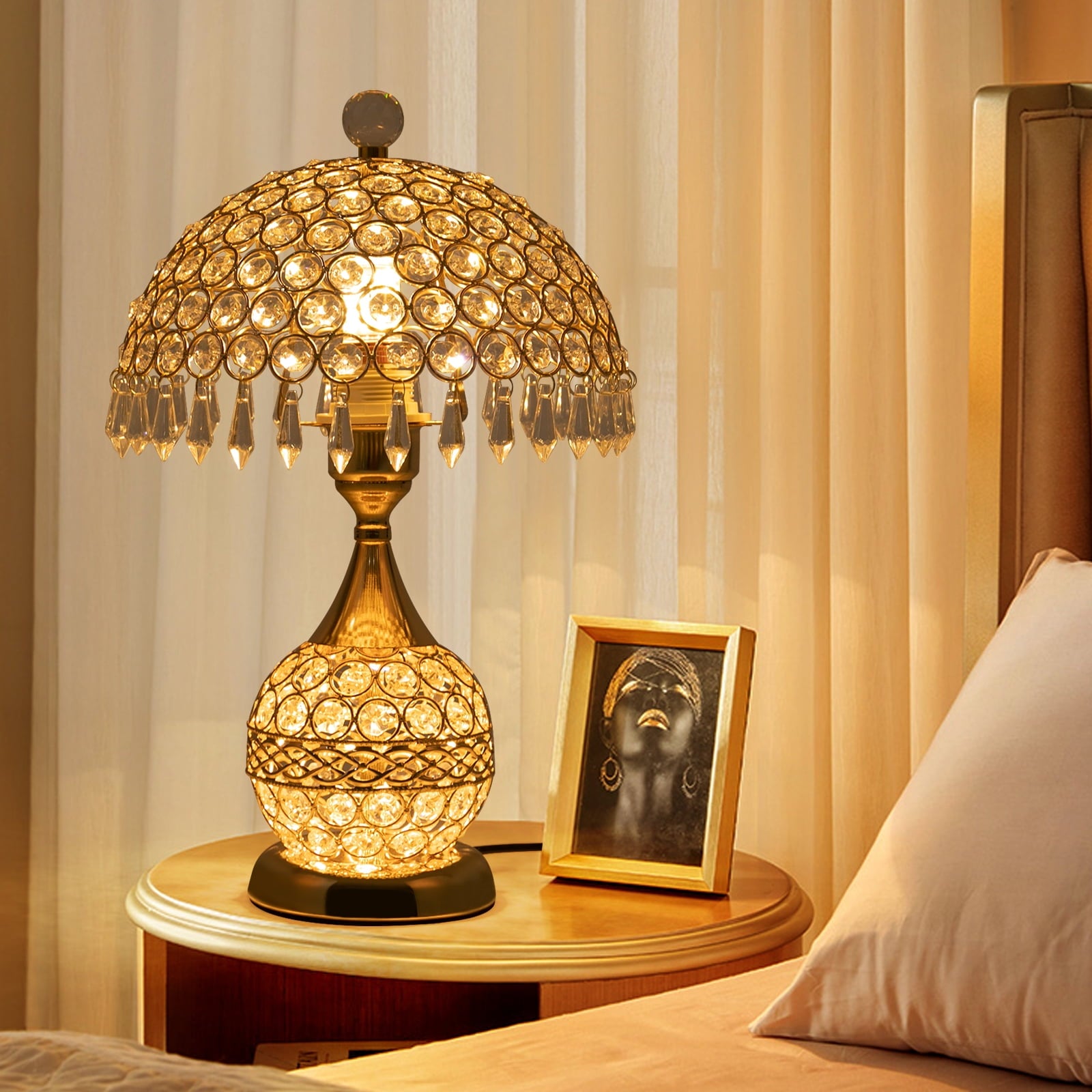 Deluxe Room Bedside Light, Vintage Crystal Table Lamp Nightstand Desk Light for Bedroom Living Room Gold