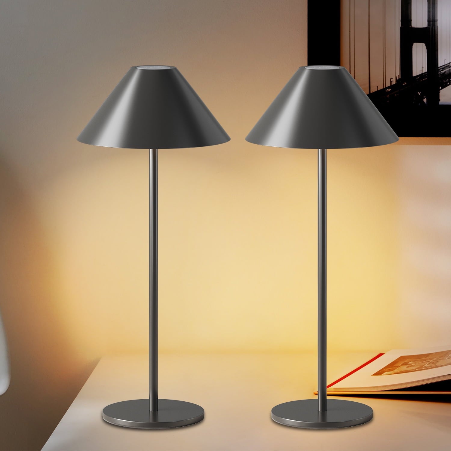 LED Cordless Dimmable Table Lamp, Long Lasting 4000mAh Rechargeable Battery Operated, 240LM, Black， Pack of 2.