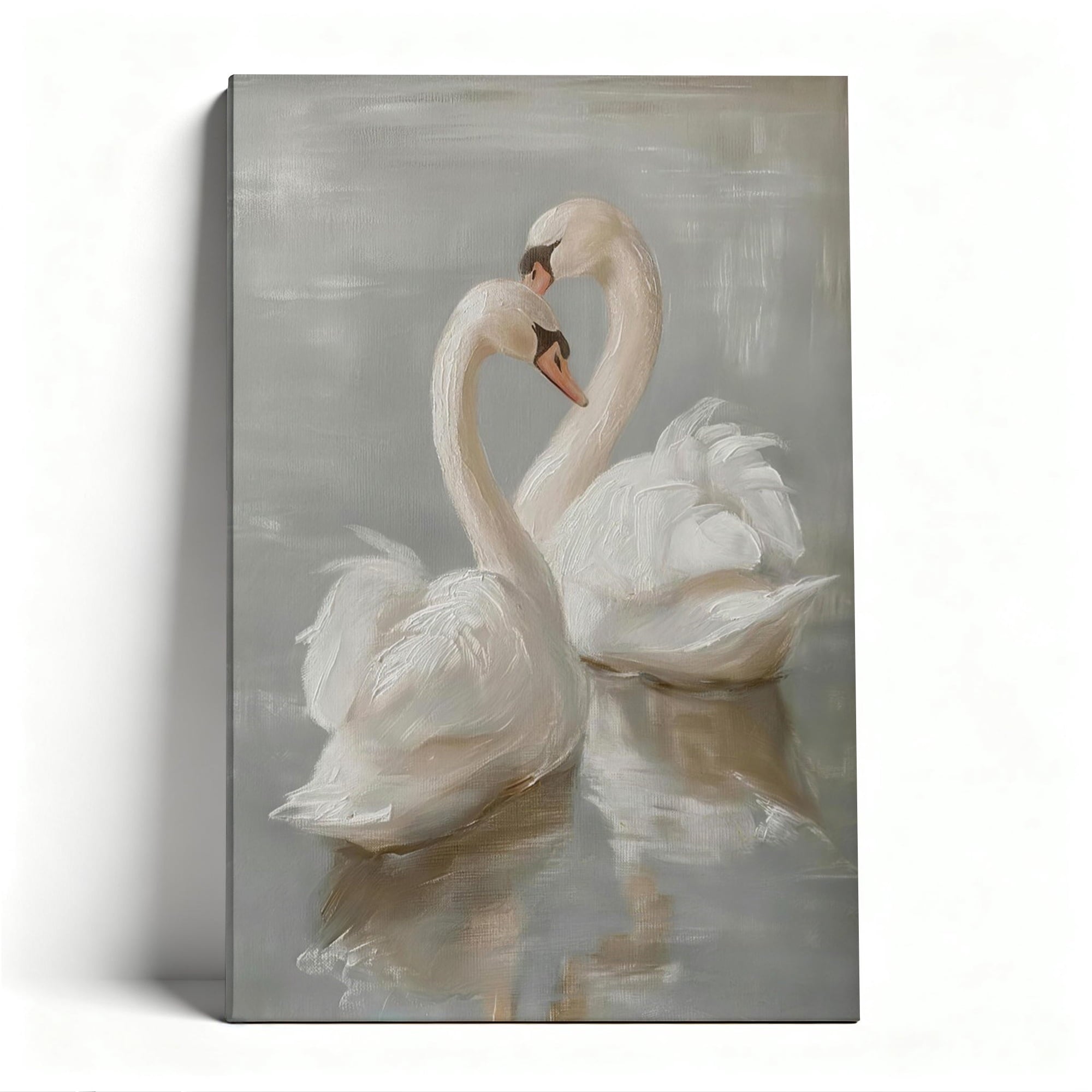 Two Swans in Love Canvas Wall Art, Elegant Romantic Decor, Soft Impressionist Oil Painting for Bedroom, Ready to Hang