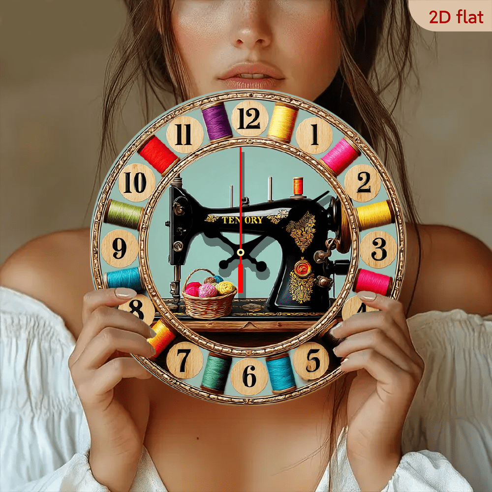 2D Flat 1pc 10Inch Vintage Silent Wall Clock Room Decor, _Timeless Sewing Clock_ Craftsmanship Meets Elegance_, Non-Luminous, WoodenQuartz Design, Perfect For Halloween Christmas, Home_ Coffee