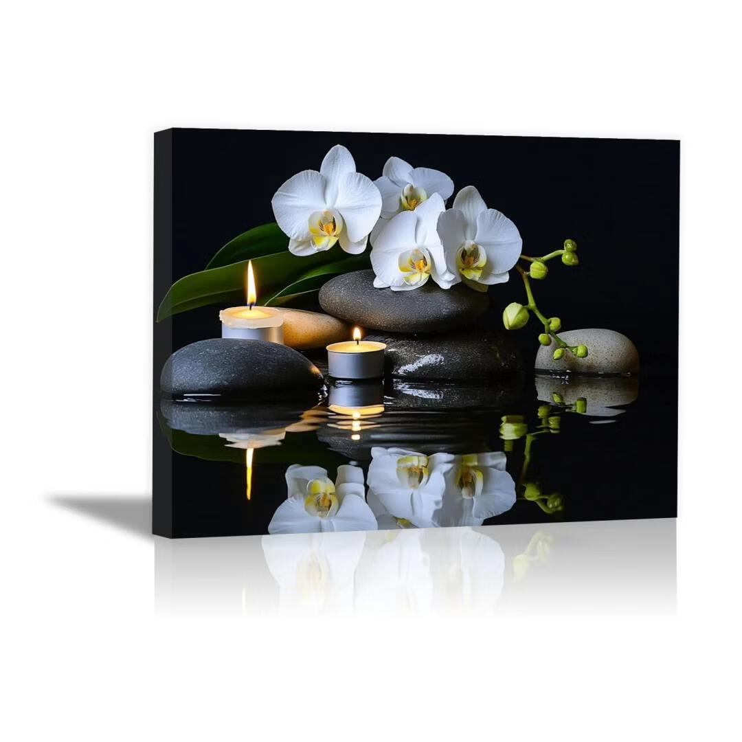 Mudket Framed Canvas Wall Art, White Orchid Candles Zen Stones Wall Decor, Elegant Calming Spa Floral Waterproof Art Prints for Bathroom Bedroom Living Room Home Decor - 12"L x 8"W