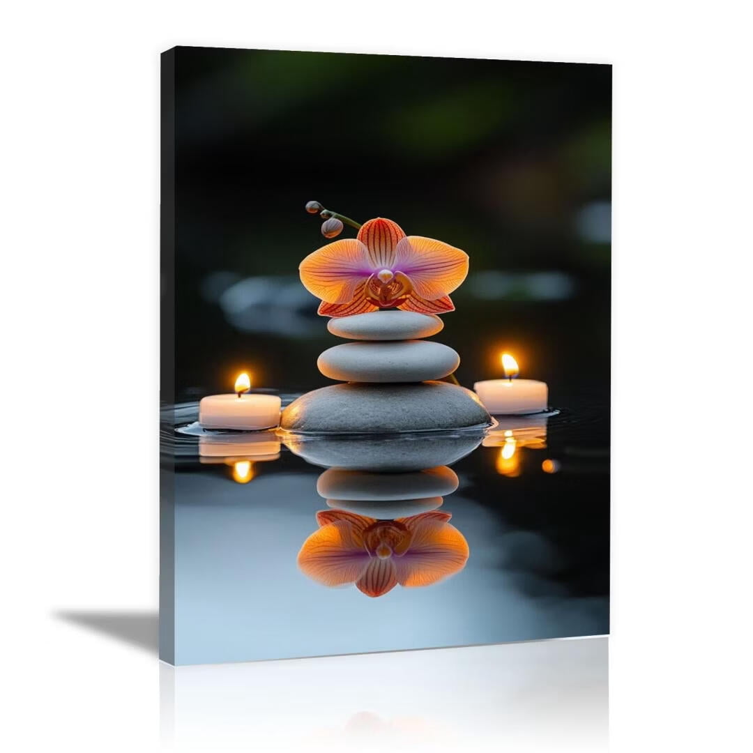 Mudket Framed Canvas Wall Art, White Orchid Candles Zen Stones Wall Decor, Elegant Calming Spa Floral Waterproof Art Prints for Bathroom Bedroom Living Room Home Decor - 12"L x 8"W