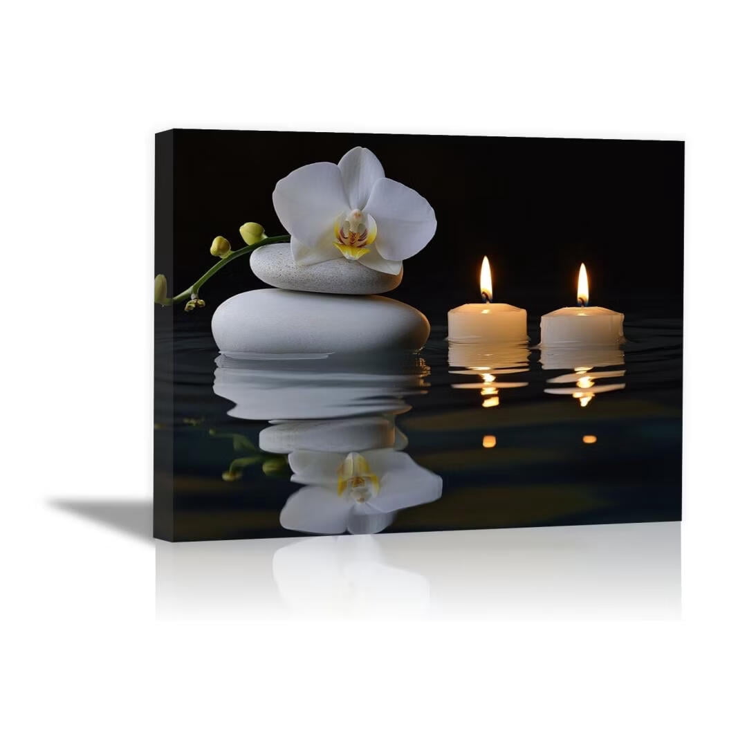 Mudket Framed Canvas Wall Art, White Orchid Candles Zen Stones Wall Decor, Elegant Calming Spa Floral Waterproof Art Prints for Bathroom Bedroom Living Room Home Decor - 12"L x 8"W